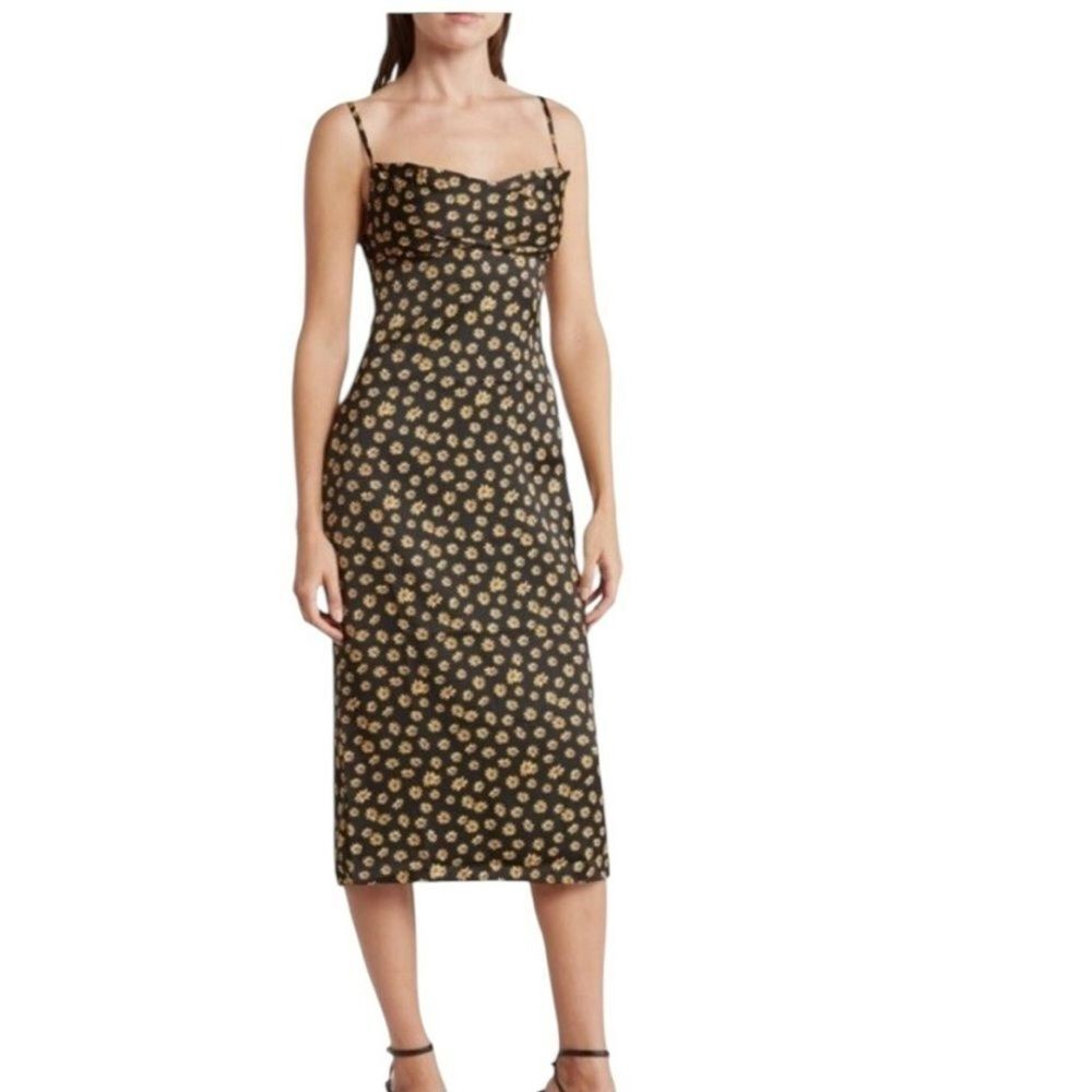 WeWoreWhat Yellow & Black Daisy Floral Spaghetti Strap Midi Slip Dress, Size 2